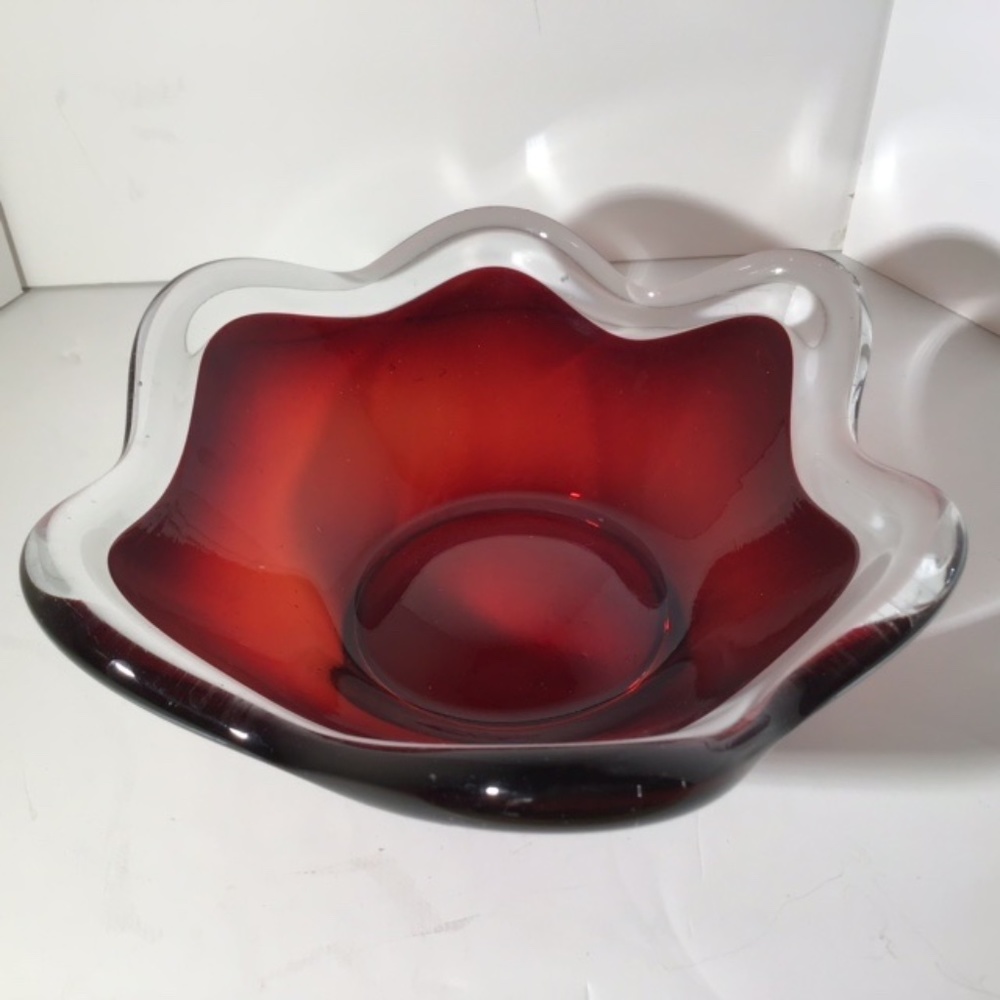 Vintage Ruby Red and Clear Glass Trinket Dish